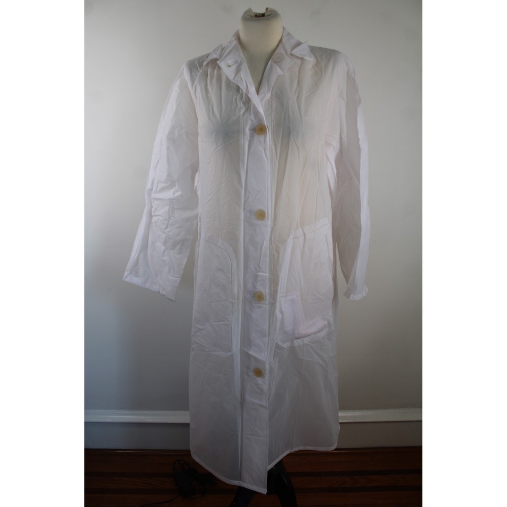 Vtg UniRoyal M 36-38 Clear Pak-A-Way Rainwear Long Belt Trench Coat Button Front